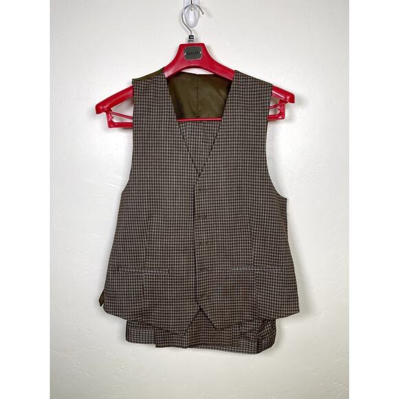 MAZARI Men's Taupe 3PC Modern Fit Gingham Check Paris Vested Suit 50R Pants 44 W - Picture 8 of 9